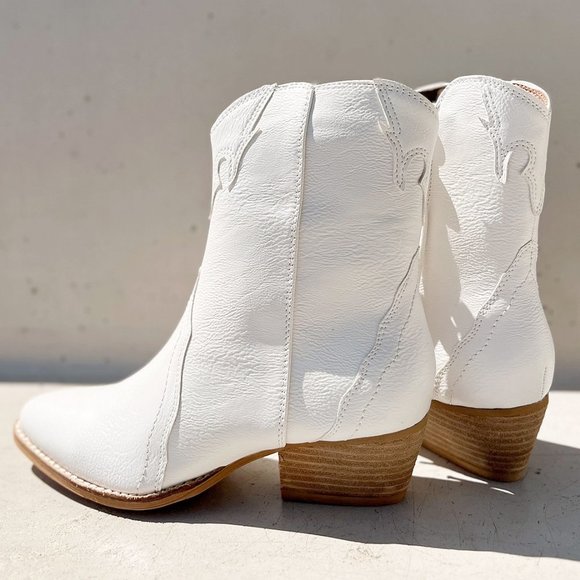 NEW Pointy Toe Stack Block Heel Zip Up Western Ankle Booties Boots Off White - Picture 7 of 16